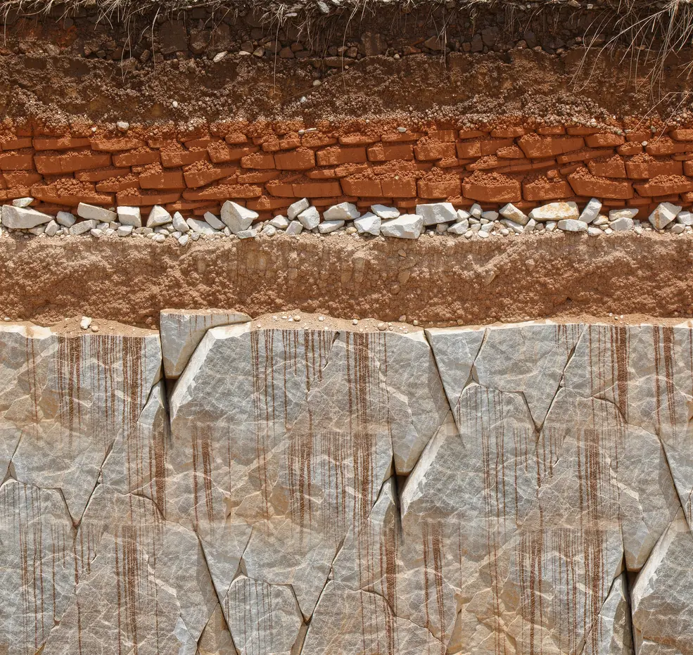 Paroi de tranchée qui montre les couches du sol : terre végétale, argile, calcaire puis rocher.