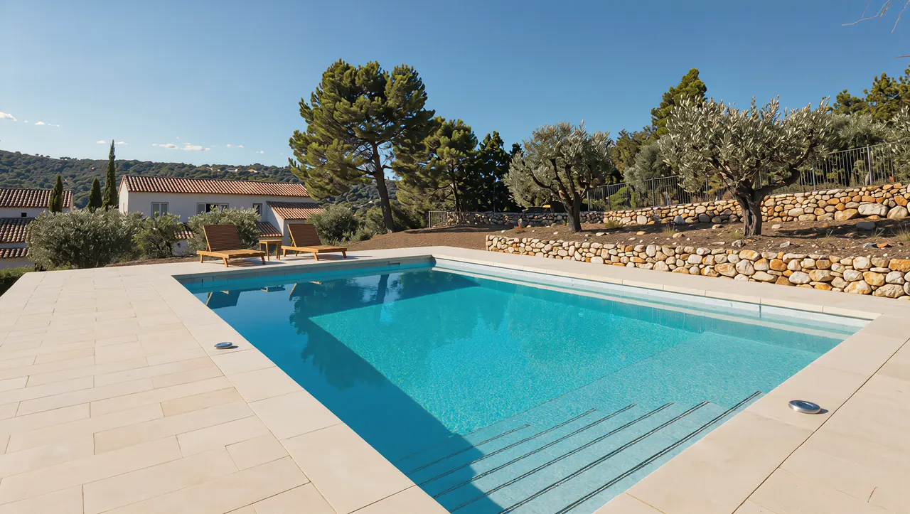 Le même terrain avec la piscine construite et remplie, margelles posées.