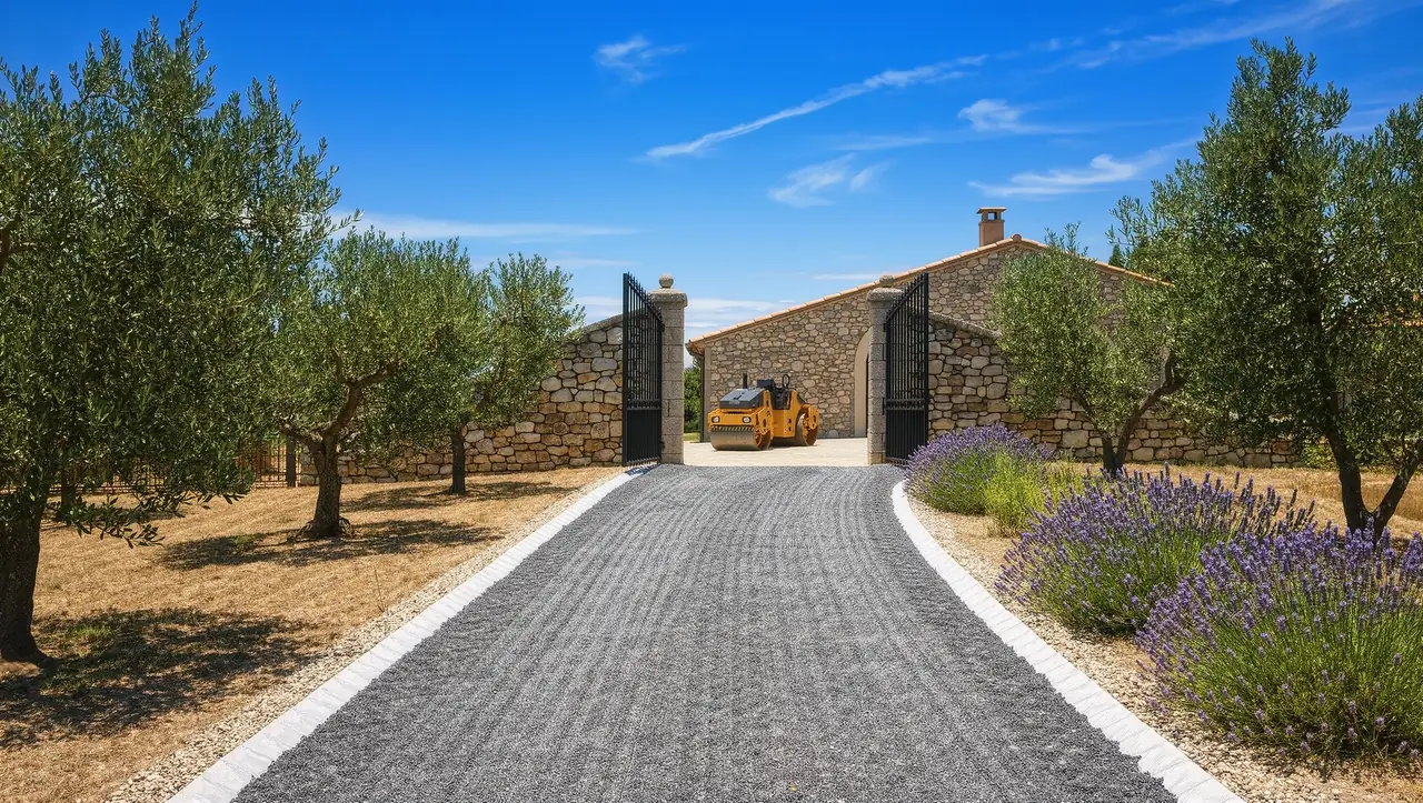 Fond d'allée carrossable décaissé et compacté entre oliviers et lavandes, jusqu'à la maison.