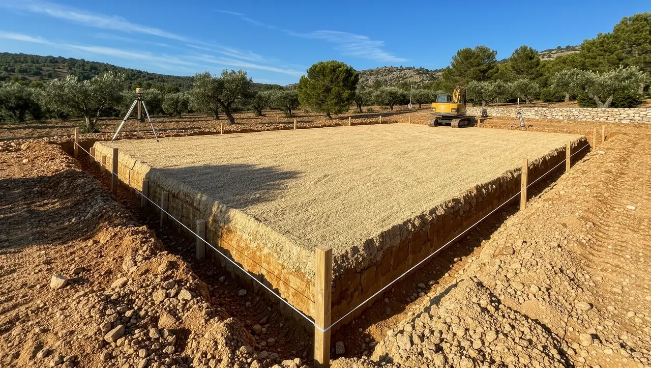 Plateforme décapée et tranchées de fondations tracées au cordeau pour une maison de plain-pied.