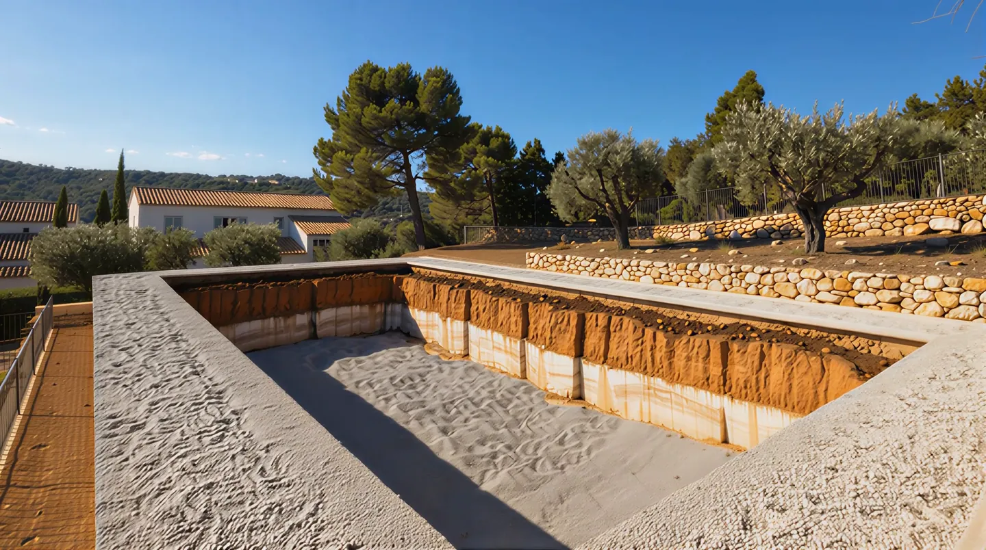 Fouille de piscine rectangulaire aux parois nettes et au fond réglé, dans un jardin méditerranéen.